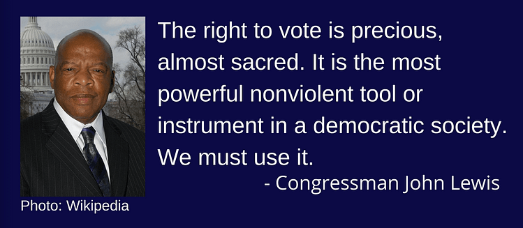 The right to vote is precious, almost sacred. It is the most powerful nonviolent tool or instrument in a democratic society. We must use it. - Congressman John Lewis