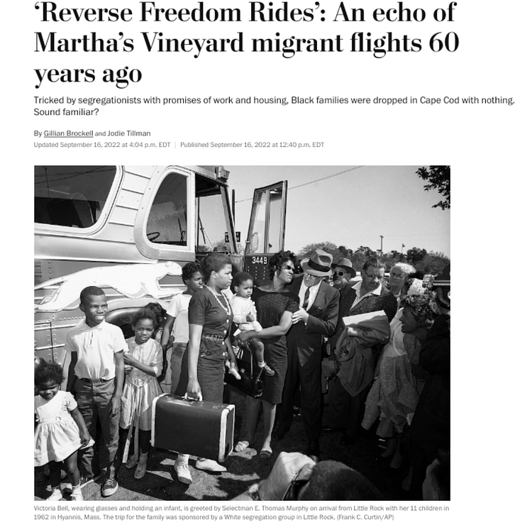 Washington Post article titled ‘Reverse Freedom Rides’: An echo of Martha’s Vineyard migrant flights 60 years ago