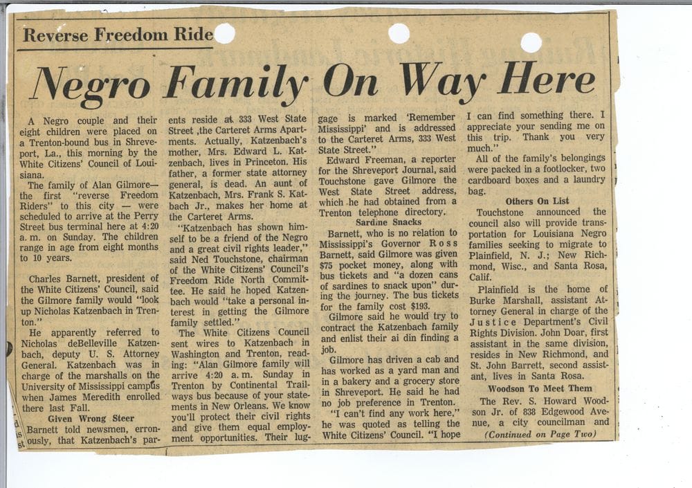 1963 news article with the headline "Negro Family On Way Here"
